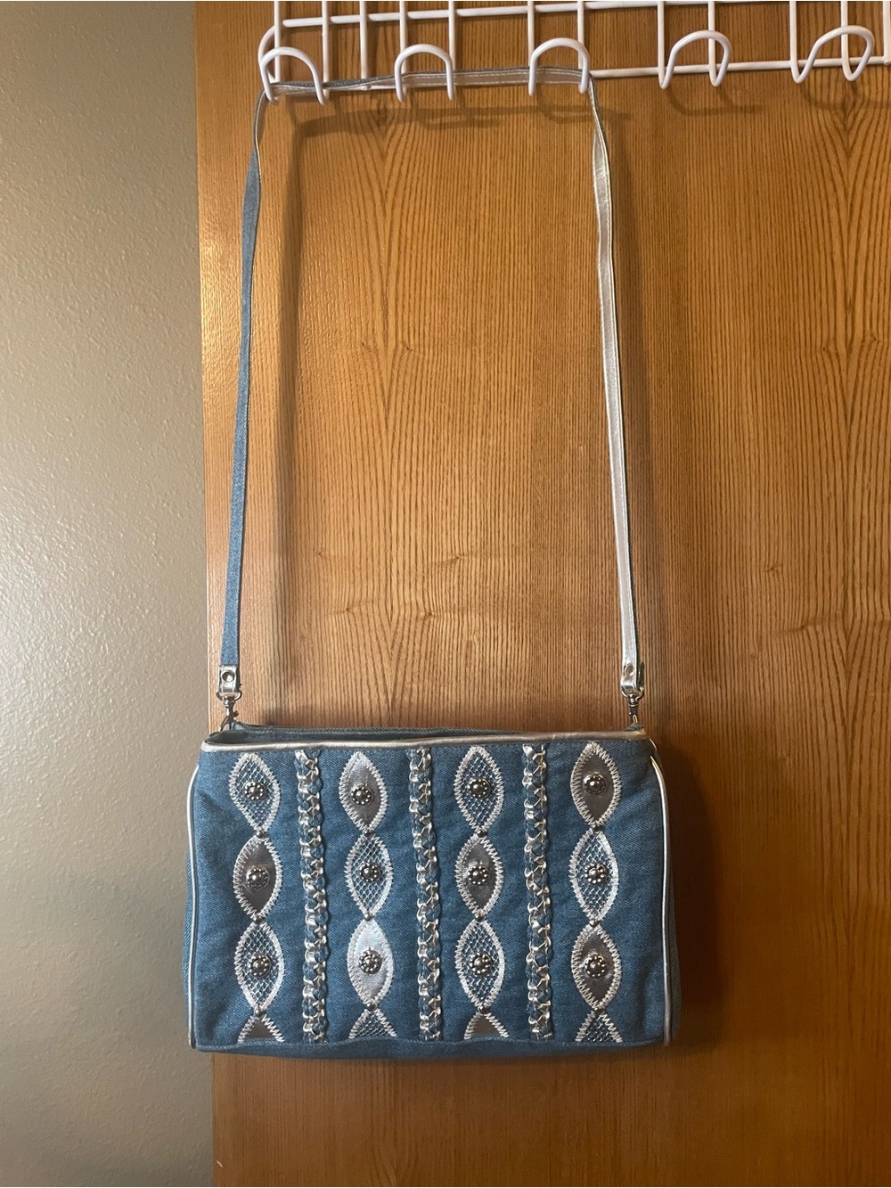 Blue Embellished Shoulder Bag with Silver Strap